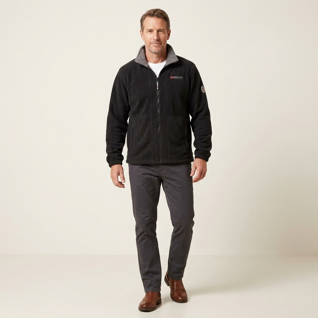 Men's black fleece windproof insulated vest with front zipper and stand collar