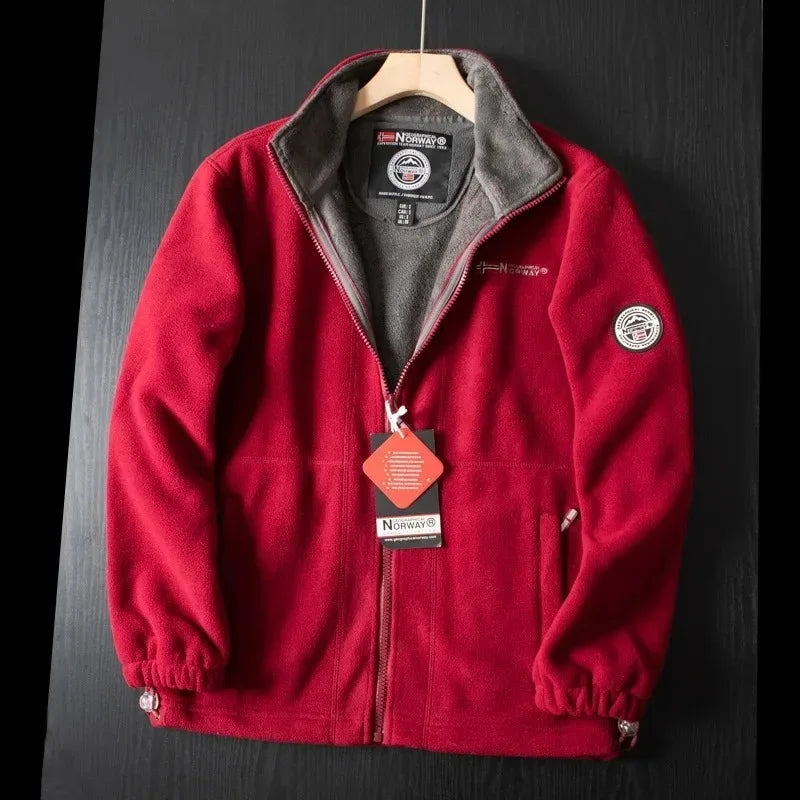 Red premium fleece vest with gray stand collar and full-zip front.