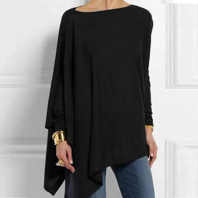 Black asymmetrical hem long-sleeve knit tunic with draped side panel