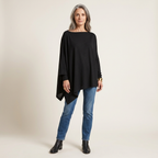 Black knit tunic with long sleeves, relaxed fit, and asymmetrical hem, square neckline