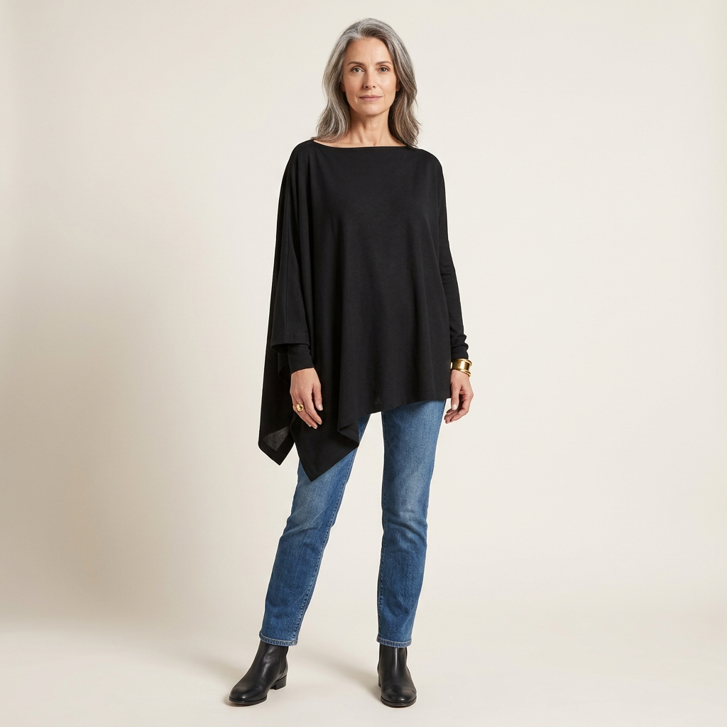 Black knit tunic with long sleeves, relaxed fit, and asymmetrical hem, square neckline