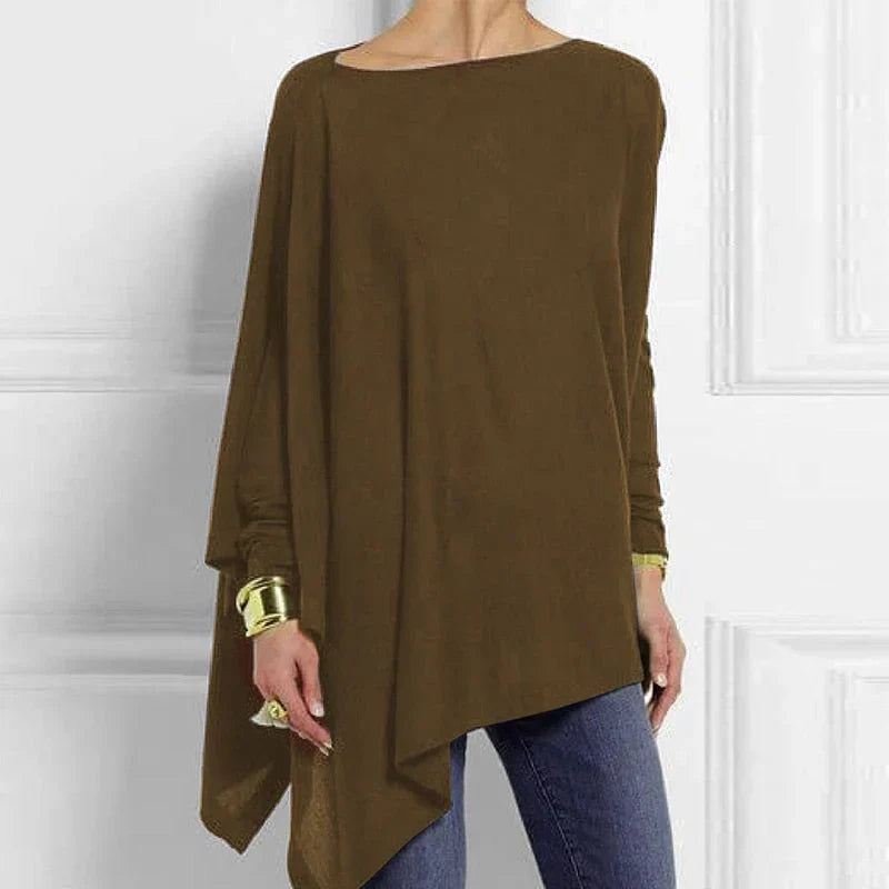 Brown asymmetrical hem long-sleeve knit tunic with draped side panel