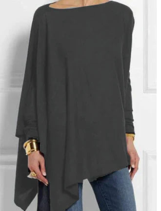 Charcoal gray asymmetrical hem long-sleeve knit tunic with draped side panel
