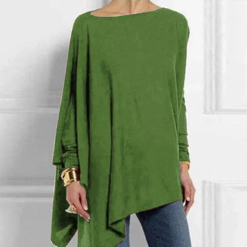 Green asymmetrical hem long-sleeve knit tunic with draped side panel