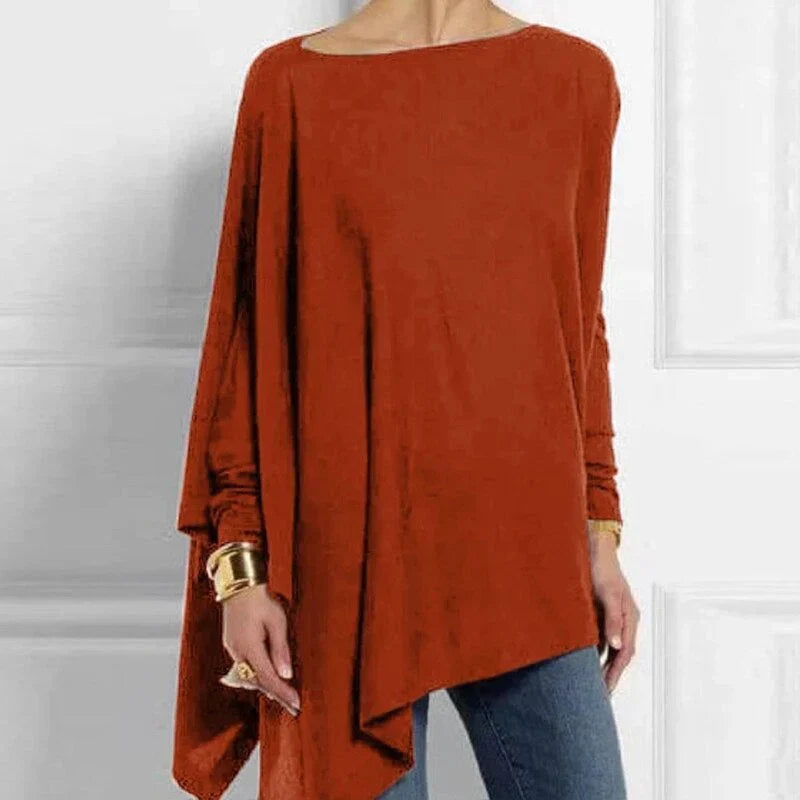 Rust red asymmetrical hem long-sleeve knit tunic with draped side panel
