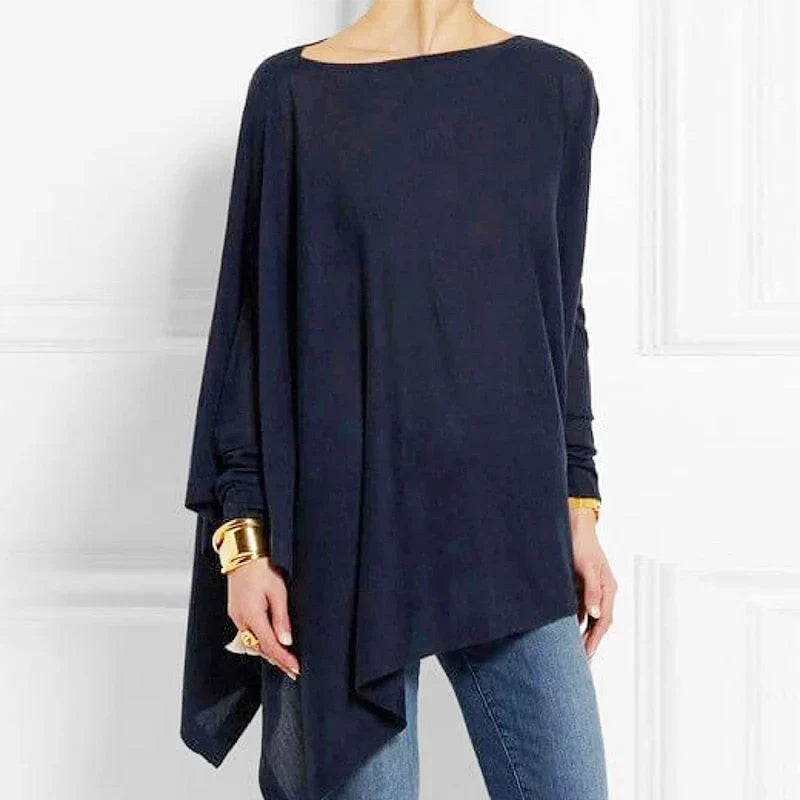 Navy asymmetrical hem long-sleeve knit tunic with draped side panel