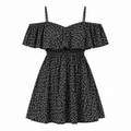 Black floral cold-shoulder ruffle dress with gathered waist and layered skirt.