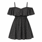 Black floral cold-shoulder ruffle dress with gathered waist and layered skirt.