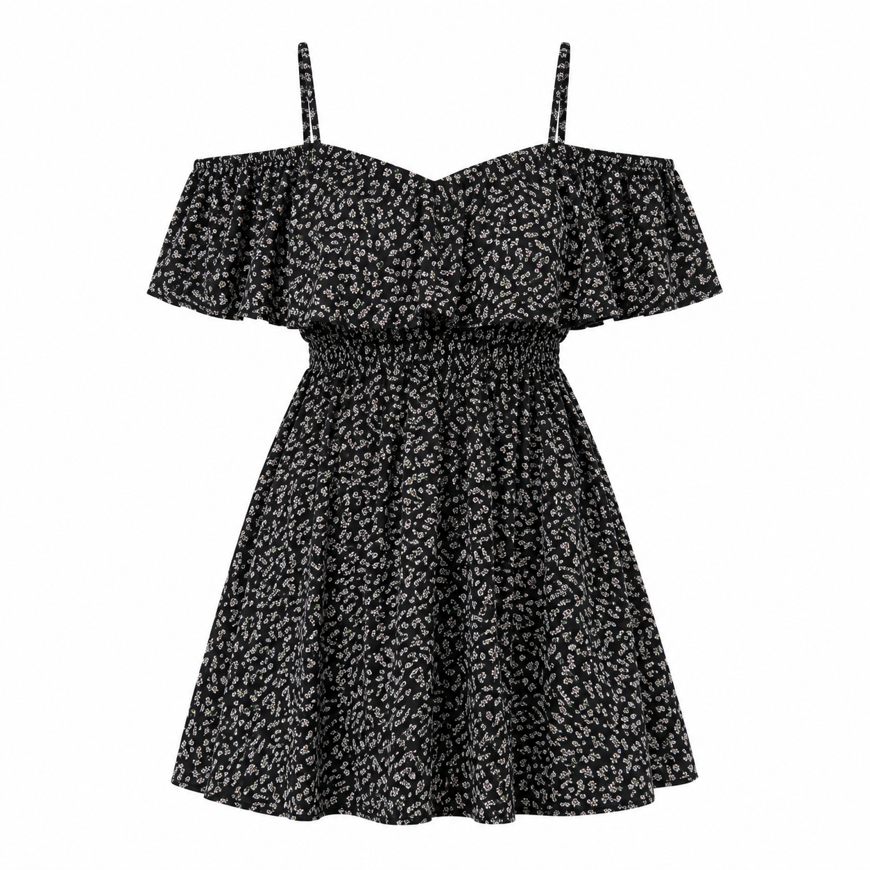 Black floral cold-shoulder ruffle dress with gathered waist and layered skirt.