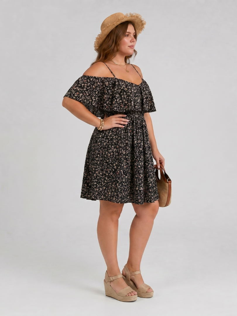 Black floral cold-shoulder ruffle dress with gathered waist and short flared skirt.