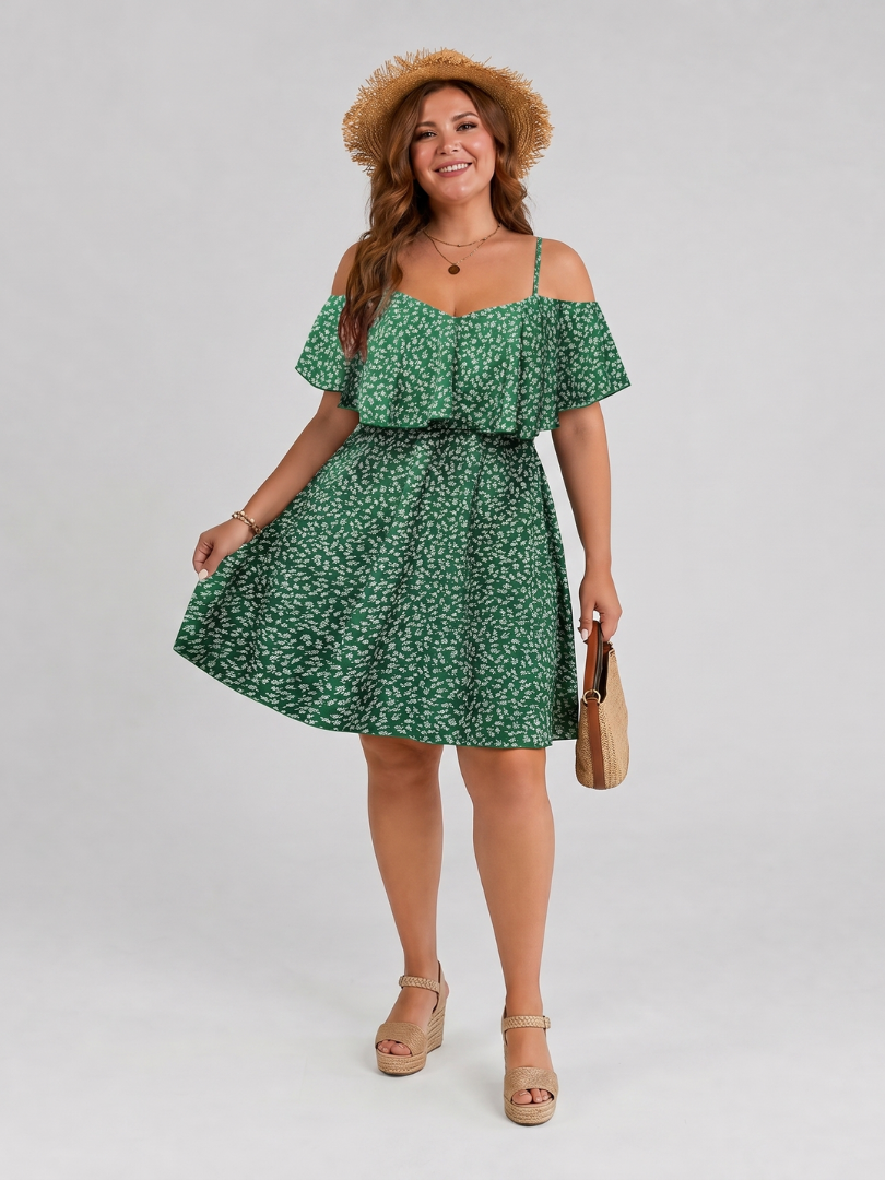 Green floral cold-shoulder ruffle dress with gathered waist and flared skirt.