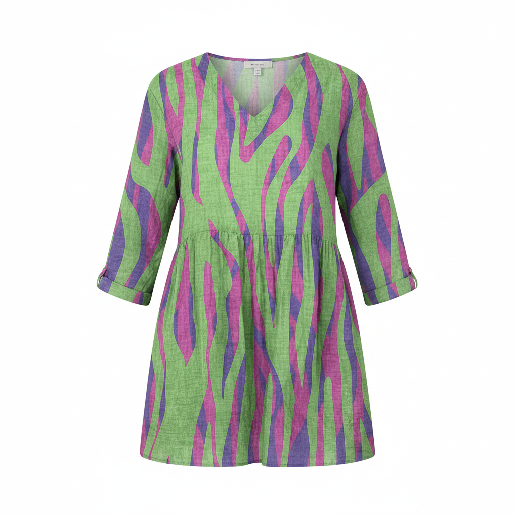 Gathered-waist drapey V-neck blouse, green with purple and pink abstract stripe print
