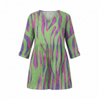 Gathered-waist drapey V-neck blouse, green with purple and pink abstract stripe print