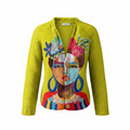 Lime green knit cardigan with colorful front art print, V-neck, long sleeves