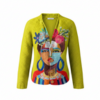 Lime green knit cardigan with colorful front art print, V-neck, long sleeves