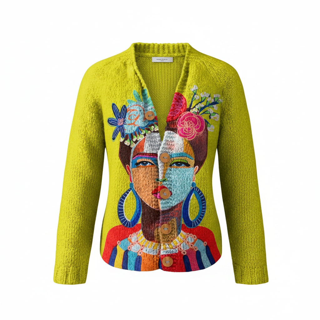 Lime green knit cardigan with colorful front art print, V-neck, long sleeves