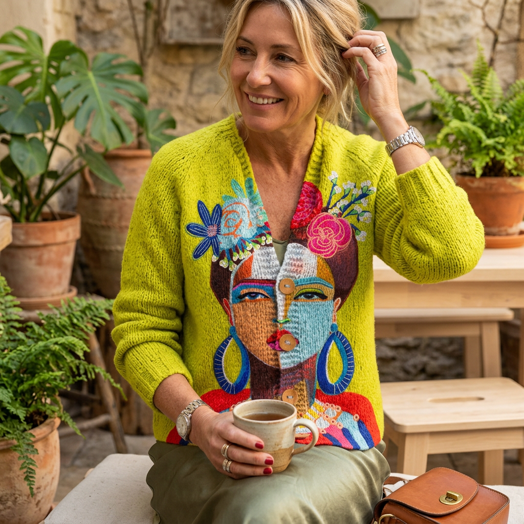 Women's multicolor art-print knit cardigan, open front, bright lime yellow base
