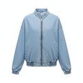 Light-blue denim zip-up bomber jacket with stand collar and front zipper