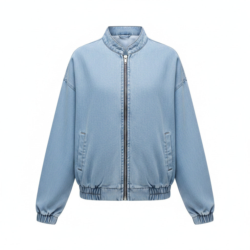 Light-blue denim zip-up bomber jacket with stand collar and front zipper