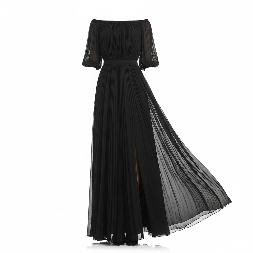 Women's Off Shoulder Balloon Sleeve Pleated Maxi Dress Defined Waist Occasion Wear