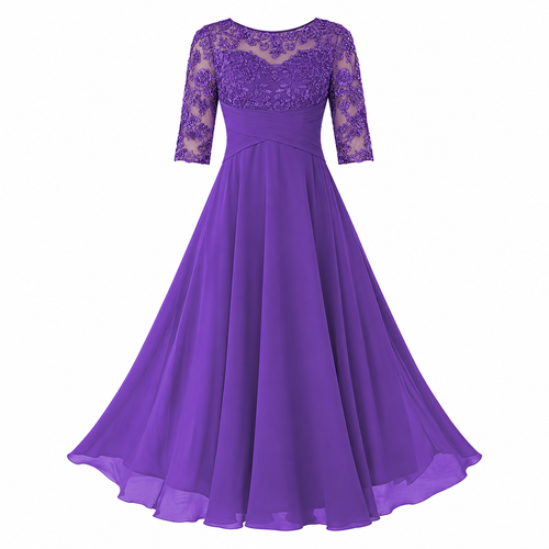 Front view purple A-line evening dress with lace 3/4 sleeves and pleated chiffon skirt
