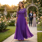 Purple A-line evening dress with lace bodice, 3/4 sleeves, long chiffon skirt