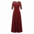 Women's evening dress with lace 3/4 sleeves and A-line chiffon skirt, burgundy