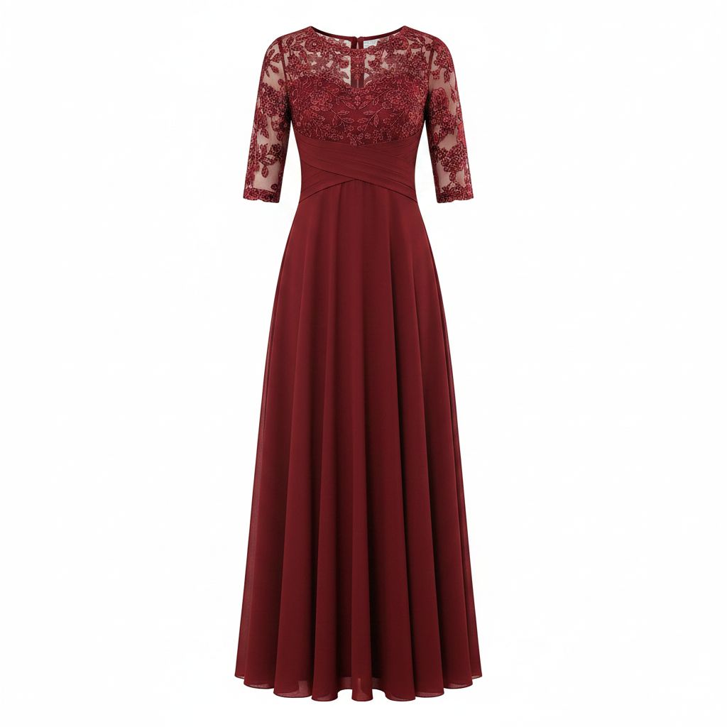 Women's evening dress with lace 3/4 sleeves and A-line chiffon skirt, burgundy