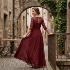 Burgundy lace A-line evening dress with 3/4 sleeves and chiffon skirt, side/back view
