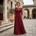 Burgundy lace bodice A-line evening dress with 3/4 sleeves and chiffon skirt, front view