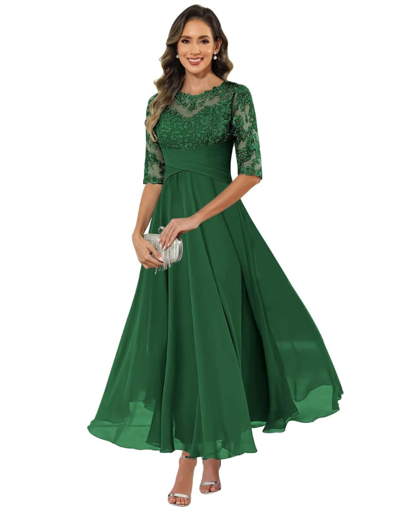Green lace evening dress with 3/4 sleeves, lace neckline, A-line chiffon skirt