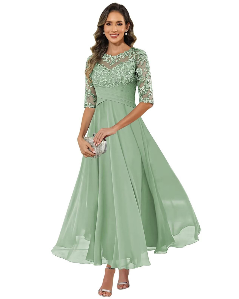 Light green lace evening dress with 3/4 sleeves, lace yoke, A-line chiffon skirt