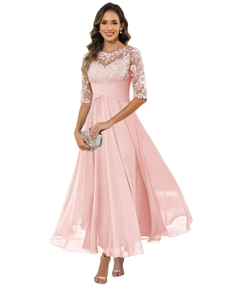 Pink lace evening dress with 3/4 sleeves, lace neckline, A-line chiffon skirt