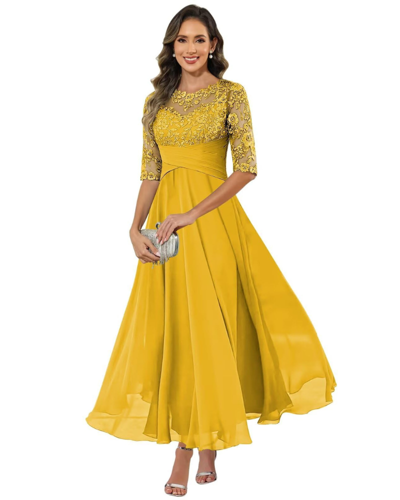Yellow lace evening dress with 3/4 sleeves, lace yoke, A-line chiffon skirt