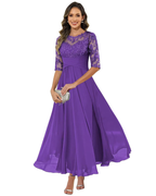 Women's evening dress with lace 3/4 sleeves and A-line chiffon skirt, wisteria purple
