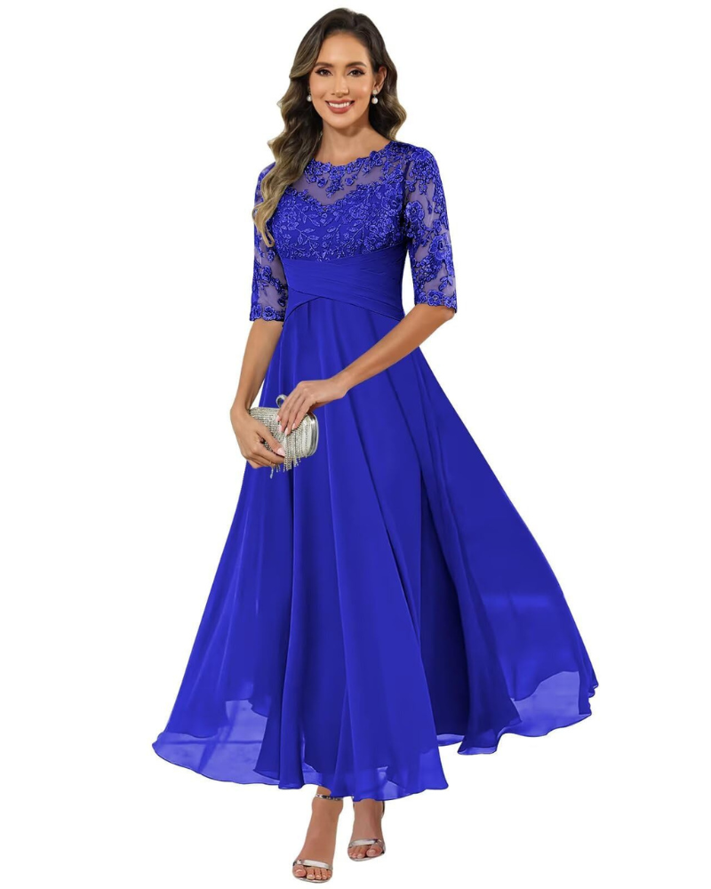 Women's evening dress with lace 3/4 sleeves and A-line chiffon skirt, royal blue
