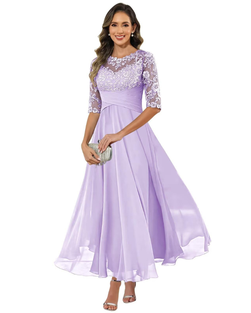 Women's evening dress with lace 3/4 sleeves and A-line chiffon skirt, pale lavender