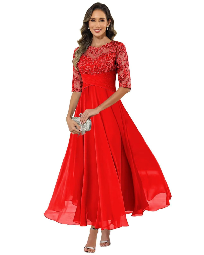 Women's evening dress with lace 3/4 sleeves and A-line chiffon skirt, vibrant red