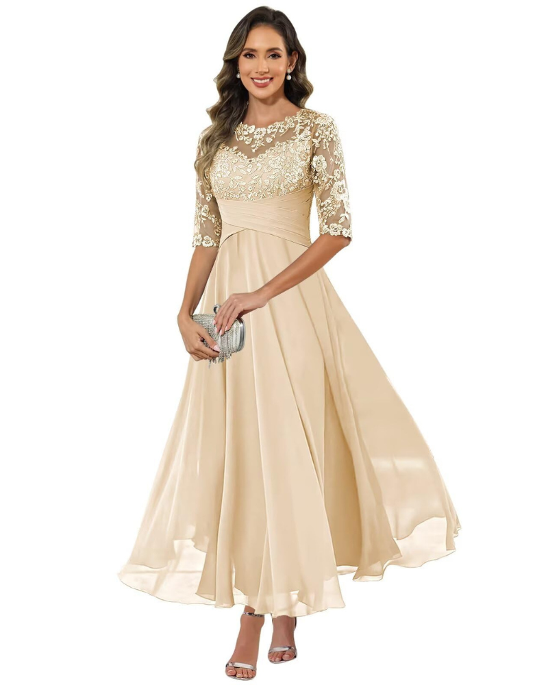 Women's evening dress with lace 3/4 sleeves and A-line chiffon skirt, champagne beige