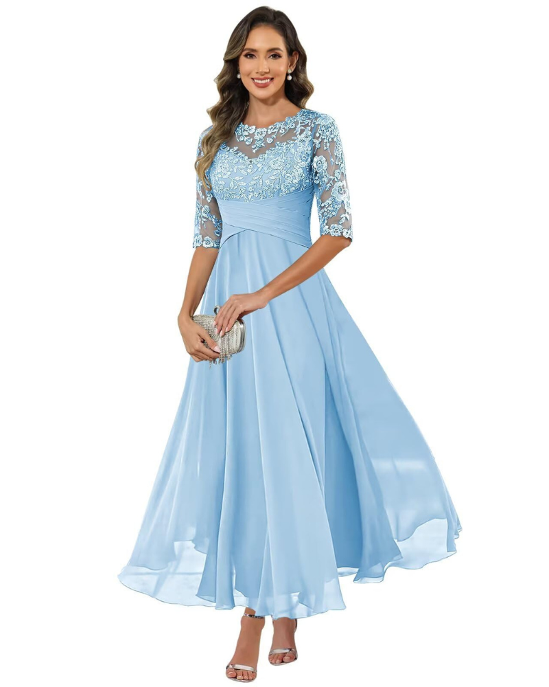 Women's evening dress with lace 3/4 sleeves and A-line chiffon skirt, light sky blue