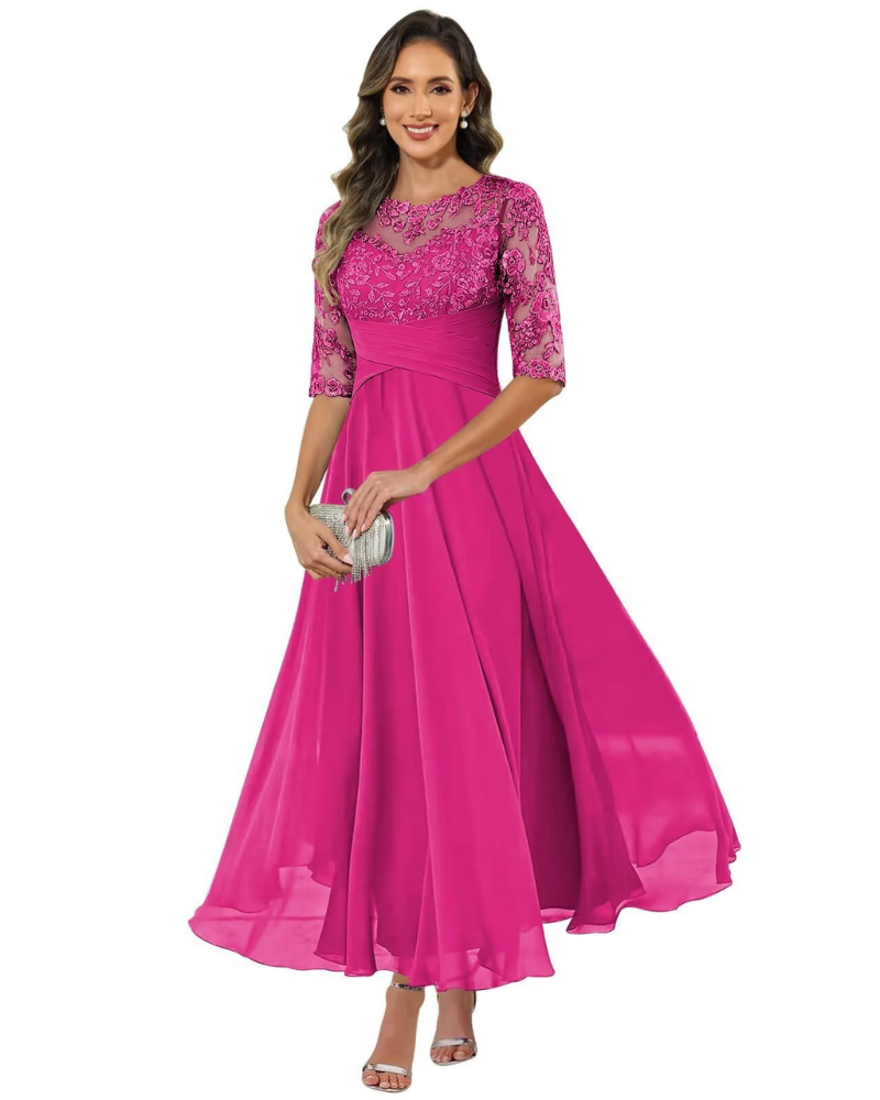 Women's evening dress with lace 3/4 sleeves and A-line chiffon skirt, fuchsia pink