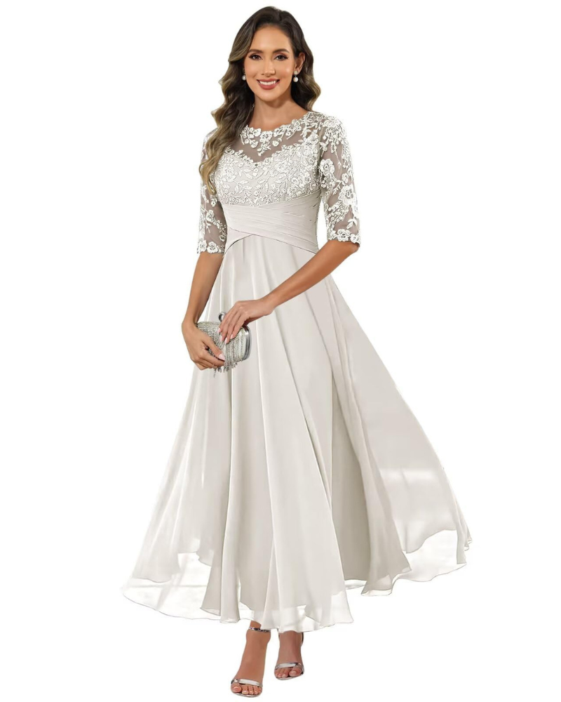 Women's evening dress with lace 3/4 sleeves and A-line chiffon skirt, ivory white
