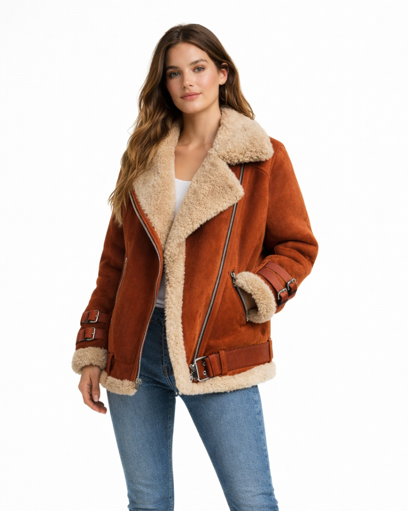 Brown suede aviator jacket with sherpa lining, asym zipper, front pockets.
