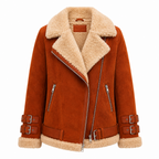 Brown suede aviator jacket with shearling collar, asymmetrical zip, buckled belt cuffs