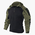 Dark green and black tactical hooded jacket with front zipper and utility sleeve straps