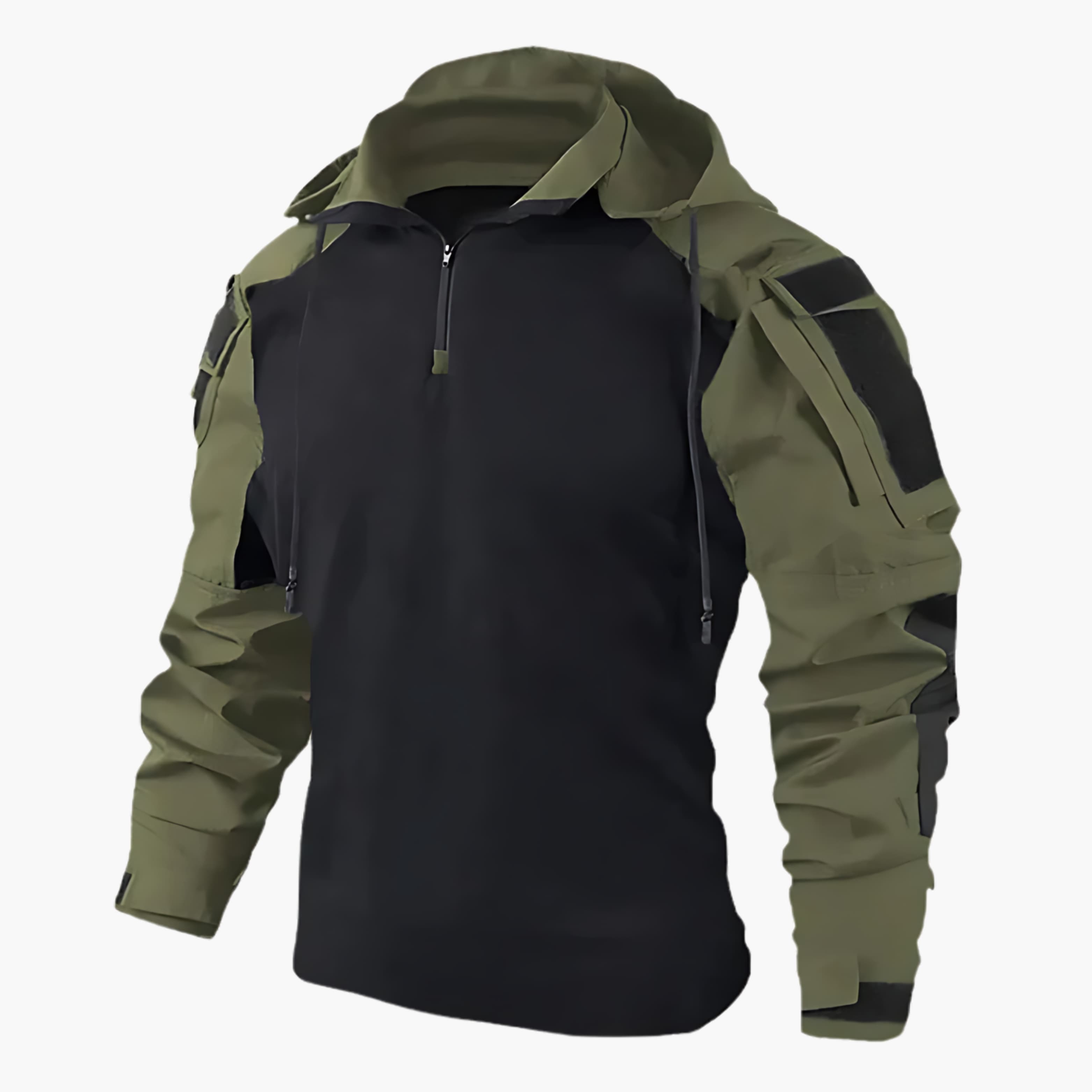 Dark green and black tactical hooded jacket with front zipper and utility sleeve straps