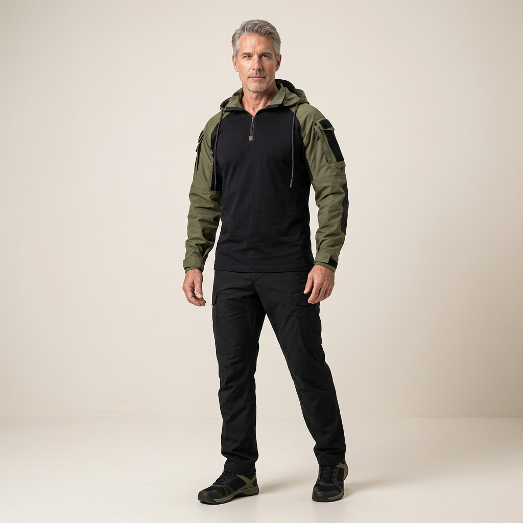 Men's tactical jacket with hood, dark body and dark green sleeves, zip-front