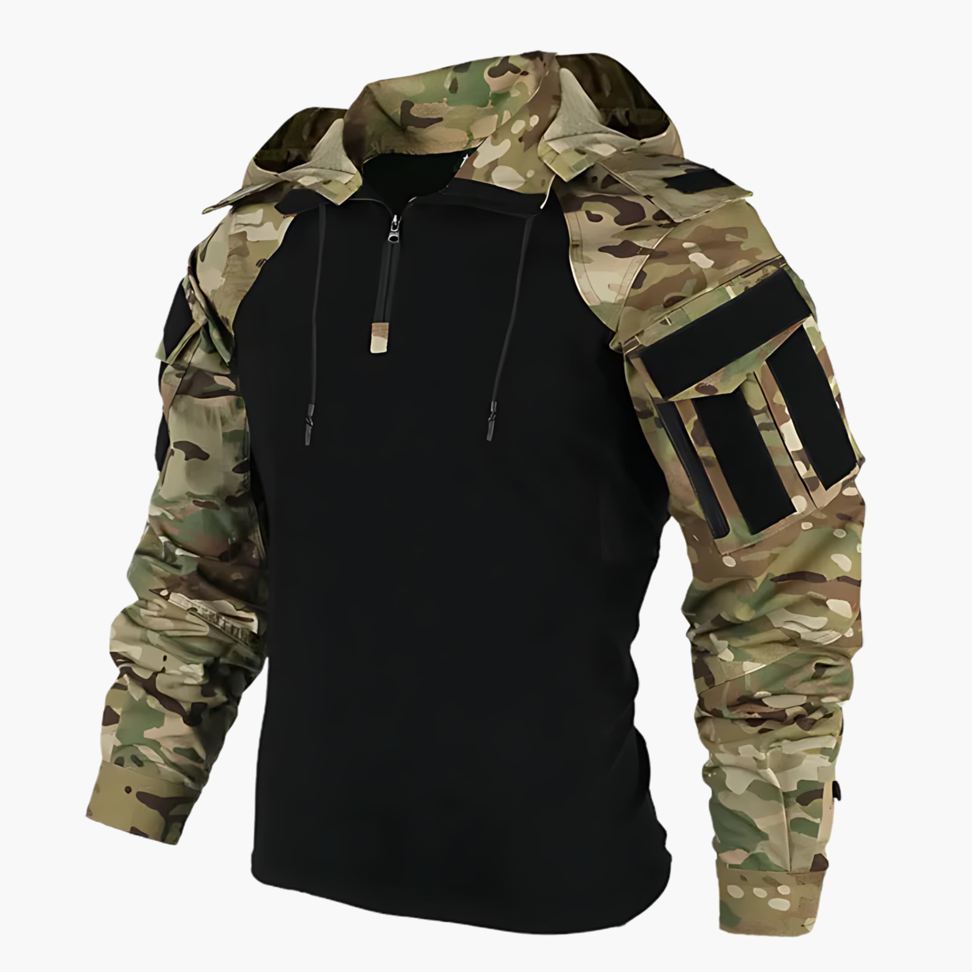 Camouflage and black tactical hooded jacket with front zipper, drawstring hood, and straps