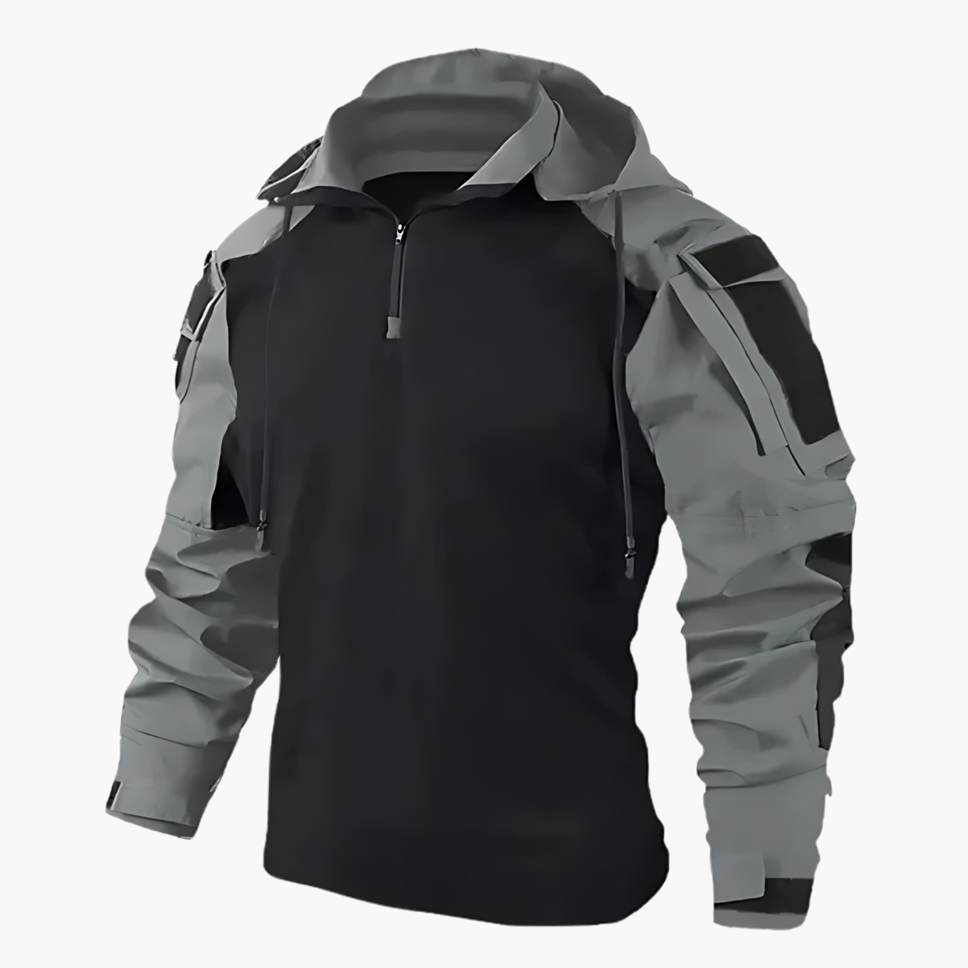 Gray and black tactical hooded jacket with front zipper and utility sleeve straps