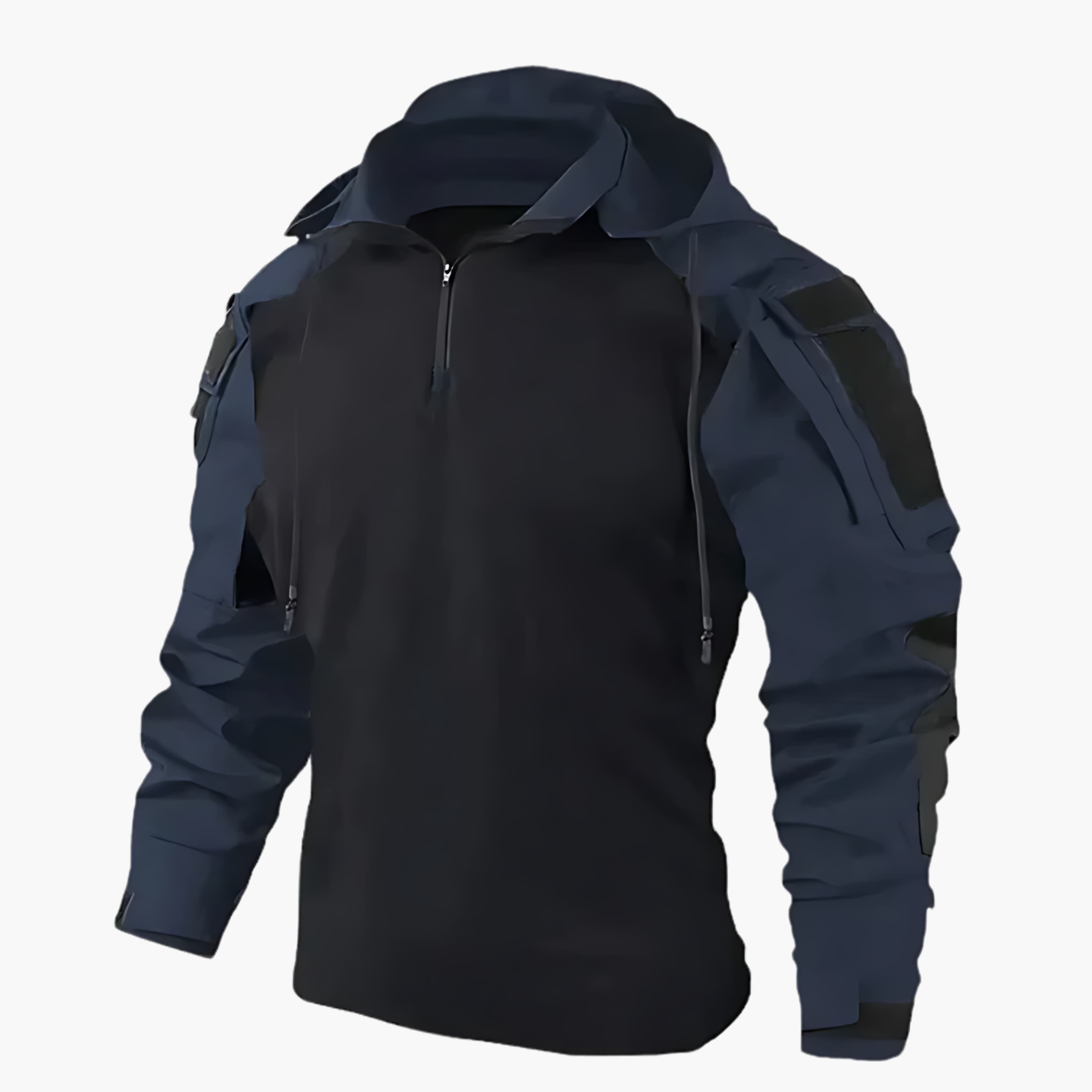 Dark blue and black tactical hooded jacket with front zipper and utility sleeve straps